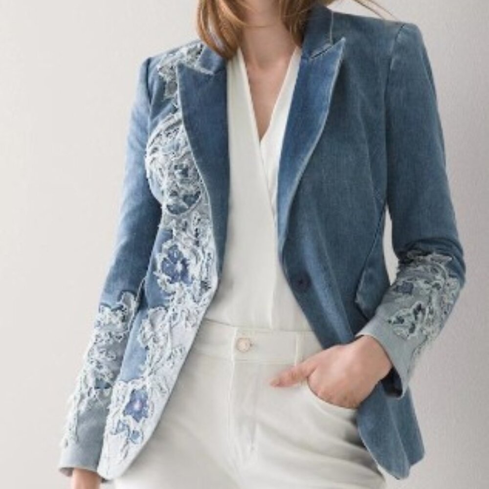 White House Black Market Denim & Lace 00P Editor Blazer